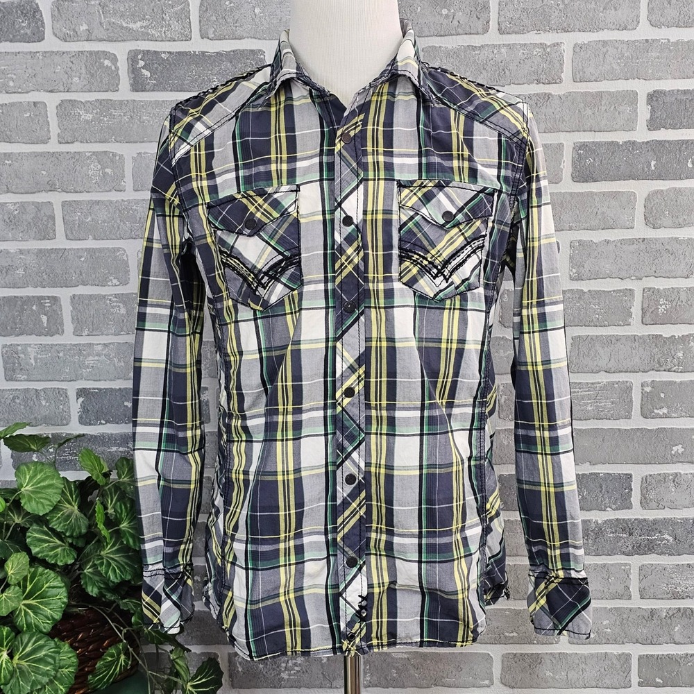 Buckle Black Label Plaid Snap Front Shirt Men's‎ Large Slim Fit Western Festival